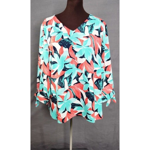 TALBOTS Sz L Red Green Black White Tropical Print 3/4 Sleeve Blouse Tunic Cruise - Picture 1 of 10